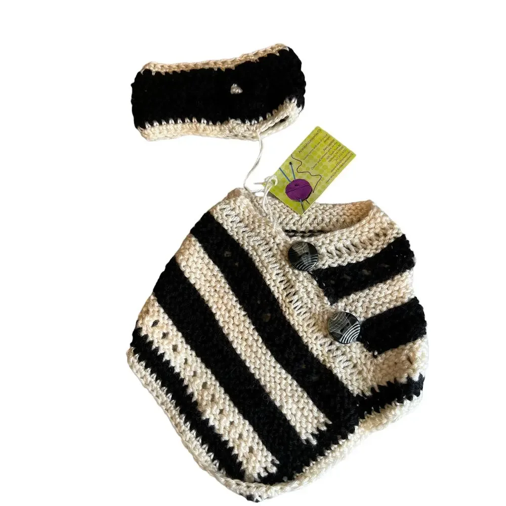 Boutique Hand Knit Baby girl sweater poncho and headband set